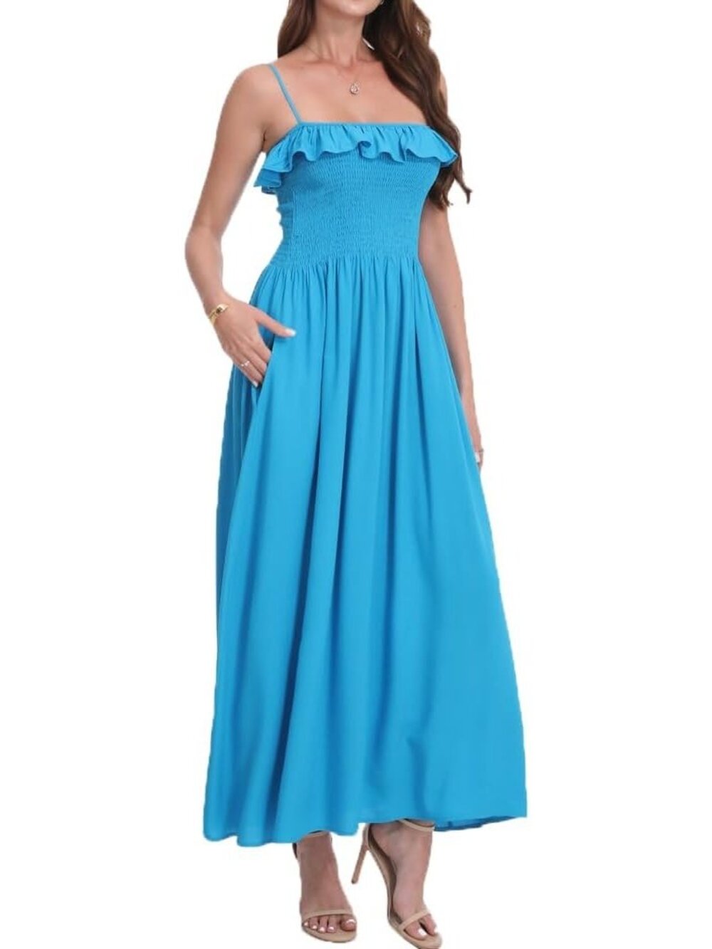 Women's Blue Stylish Sleeveless Spaghetti Strap Smocked Beach  Boho Maxi Dress